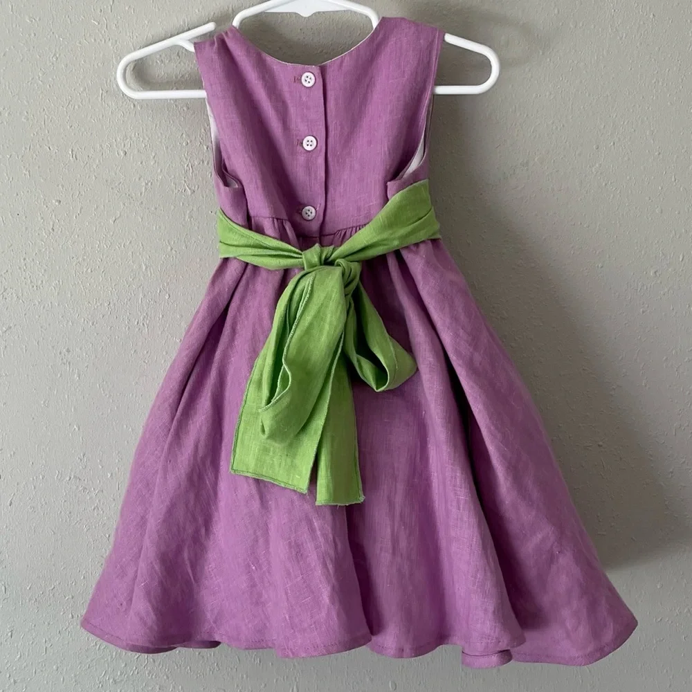 Malley Too Purple Linen Dress With Green Attached Sash Size 2T